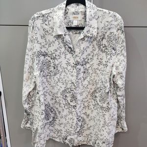 TALBOTS 100% LINEN WHITE/BLACK FLORAL PRINT LS SIDE SLIT TUNIC - SIZE 14